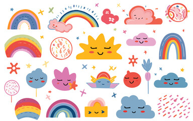 set of cute colorful rainbow and clouds stars vectors 