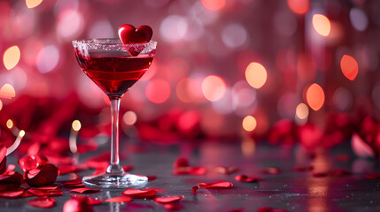A romantic night filled with love and indulgence, as a ruby-hued drink rests in a delicate wine glass adorned with a heart, a perfect symbol of passion and intoxication - obrazy, fototapety, plakaty