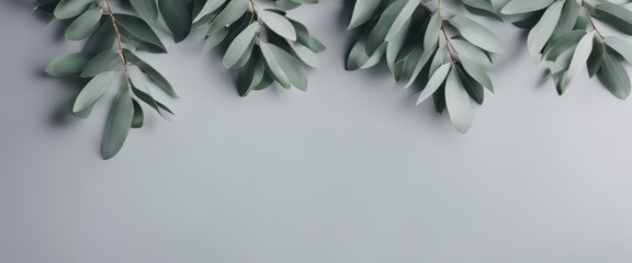 Eucalyptus branches on pastel gray background with copy space Top view