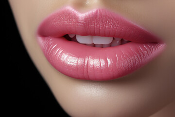 Close up view of beautiful woman lips with pink lipstick. Cosmetology, drugstore or fashion makeup concept.