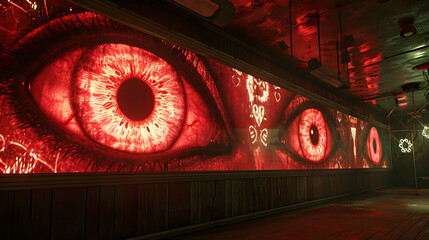 In the dimly lit room, the vibrant red eyes of the intricate art installation on the large screen captured the attention of all those who entered, creating an otherworldly atmosphere of mystery and f