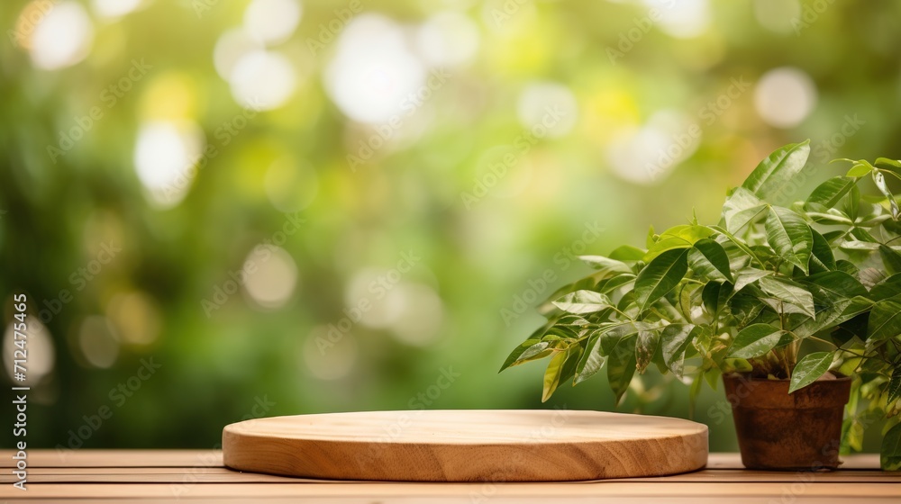 Poster wooden table for product display and presentation on a foliage bokeh background. generative ai