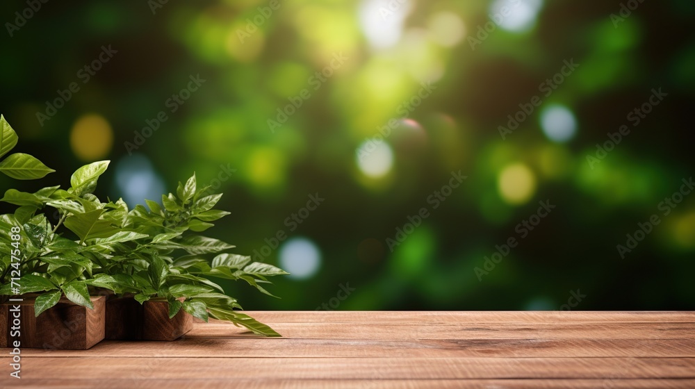Poster wooden table for product display and presentation on a foliage bokeh background. generative ai