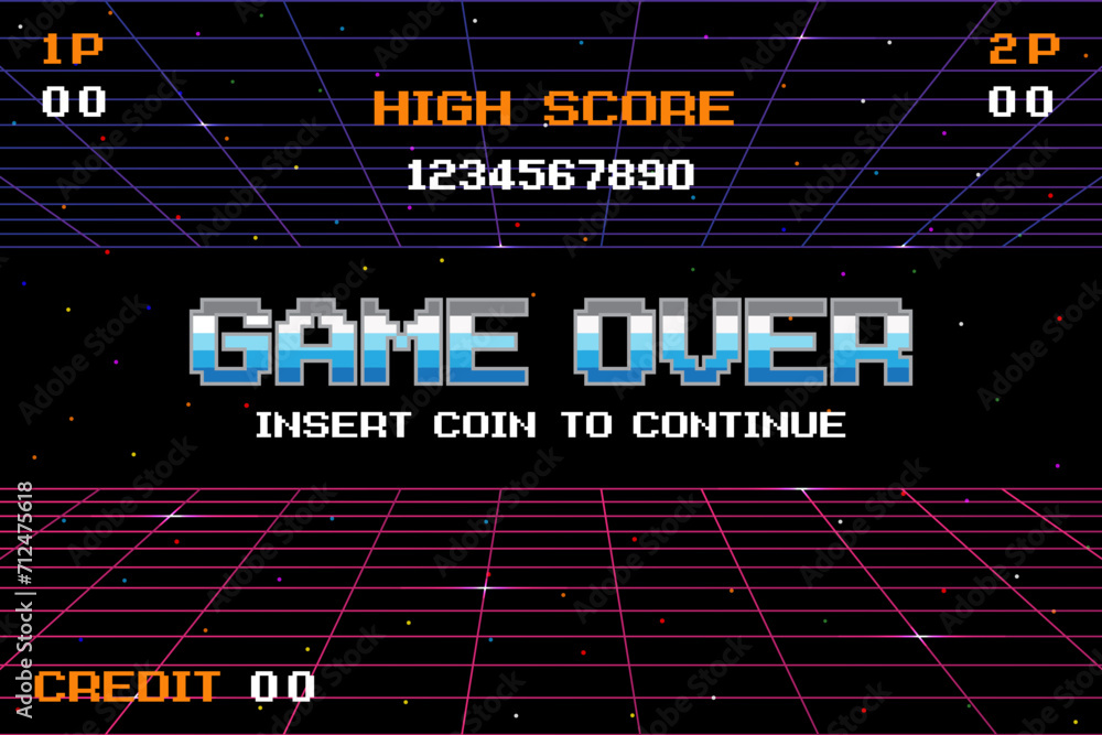 Poster game over insert a coin to continue .pixel art .8 bit game. retro game. for game assets .retro futur