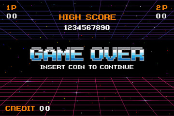 GAME OVER INSERT A COIN TO CONTINUE .pixel art .8 bit game. retro game. for game assets .Retro Futurism Sci-Fi Background. glowing neon grid. and stars from vintage arcade computer games