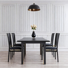 Black chairs and wooden dining table against of classic white paneling wall. Interior design of modern dining room. 3d rendering.