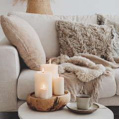 Fototapeta na wymiar Burning candles on coffee table near sofa with grey sheepskin blanket. Cozy reading nook. Scandinavian farmhouse, hygge home interior design of modern living room. Warm and inviting fall atmosphere.