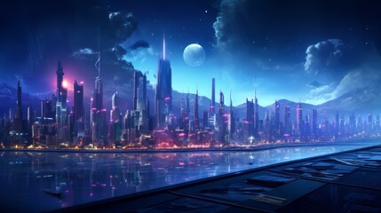 Fototapeta na wymiar futuristic cyberpunk neon cityscape at night - 3d illustration of a retro future urban scene with vibrant lights - sci-fi background wallpaper