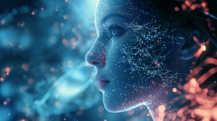 The girl's face with elements of an interactive glowing interface. AI and Human interface with beautiful futuristic bliss  - obrazy, fototapety, plakaty