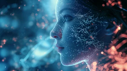 Tuinposter The girl's face with elements of an interactive glowing interface. AI and Human interface with beautiful futuristic bliss  © Vladimir