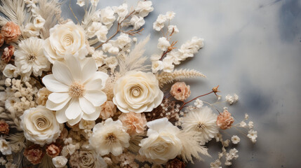 Flat lay texture background with wedding decoration , light , ethereal , light coming from the left side , wedding flat lay.