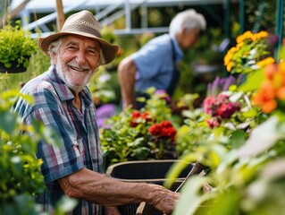 Naklejka na ściany i meble Harvesting Joy: Elderly Friends and Their Garden