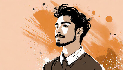 Portrait of a man style painted with various black brush strokes on a peach colored background. Image with mixing of various undefined styles and hand painted on canvas.