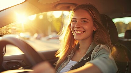 young woman with a cheerful expression driving a modern car on a sunny day. The sunlight is streaming through the car windows, highlighting her relaxed pose and casual attire
