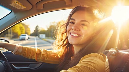 young woman with a cheerful expression driving a modern car on a sunny day. The sunlight is streaming through the car windows, highlighting her relaxed pose and casual attire