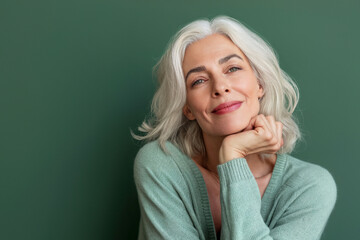 Smiling attractive woman 50s years old look to the camera, isolated on green background. 