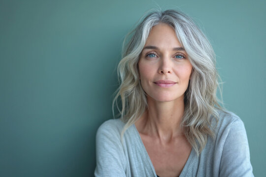 Smiling attractive woman 40s years old look to the camera, isolated on blue background with copy space. 