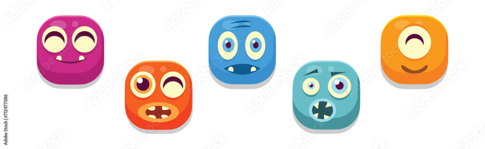 Poster funny square face character with emotion icon vector set