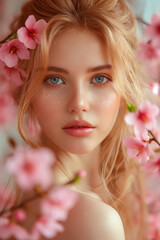 Fototapeta premium Closeup fashion spring face portrait of young beautiful caucasian woman with pink flowers in blossom