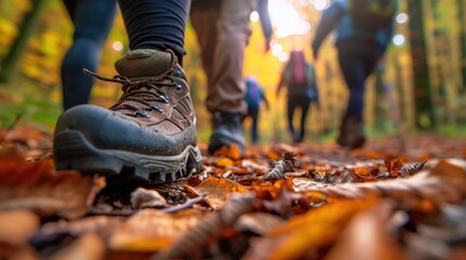 close-up, shoes, tourists, trekking, forest trail, autumn, interaction, footwear, fallen leaves, soft lighting, natural, hiking, outdoor, adventure, seasonal, walking, nature, travel, autumnal, boots,
