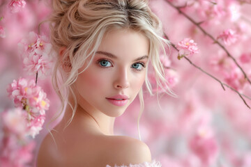 Obraz na płótnie Canvas beautiful woman with pink flowers portrait, young glamour and luxury female with perfect skin