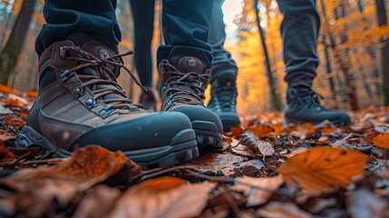 close-up, shoes, tourists, trekking, forest trail, autumn, interaction, footwear, fallen leaves, soft lighting, natural, hiking, outdoor, adventure, seasonal, walking, nature, travel, autumnal, boots,