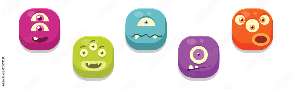 Poster funny square face character with emotion icon vector set