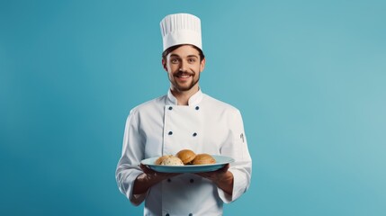 cooking, culinary, male chef holding empty plate, male chef in toque and jacket over blue background, professional, show, serve, cooking, , gourmet, food, service, restaurant, presenting.
