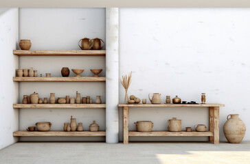 Stylish scandi cuisine interior decor. Ceramic plates, dishes, utensils and cozy decor on wooden shelfs. Kitchen wooden shelves with various ceramic jars and cookware. Open shelves in the kitchen