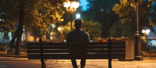 A man on a bench speaking about work matters in the evening. - obrazy, fototapety, plakaty