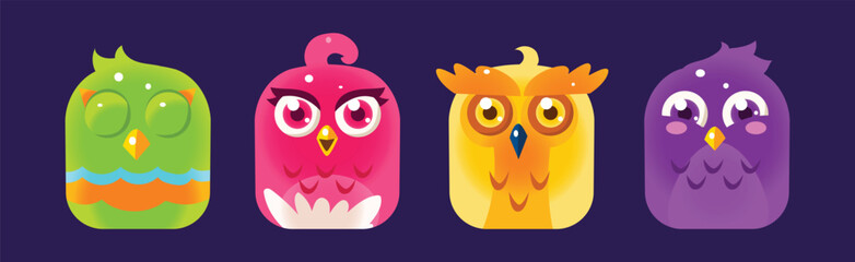 Funny Birds App Rounded Icon for Game Design Vector Set