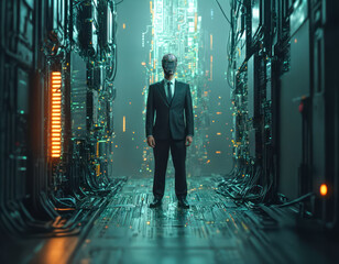 サーバー内 サイバー空間に立つ基盤回路人間 ビジネスマン In the server Infrastructure circuit human standing in cyberspace Businessman