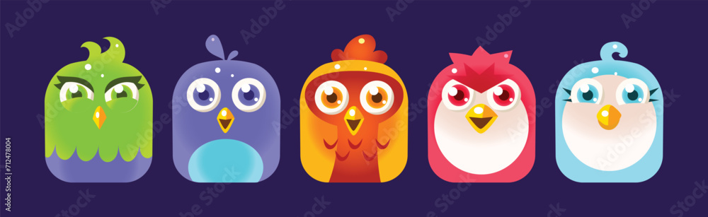 Poster funny birds app rounded icon for game design vector set
