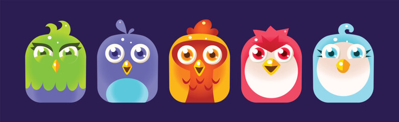 Funny Birds App Rounded Icon for Game Design Vector Set