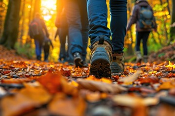 photo of a group of tourists walking along a path in an autumn forest. Close-up on diverse footwear, surrounded by fallen leaves, morning light filtering through trees