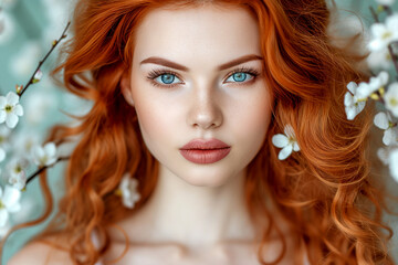 Fototapeta premium fashion portrait of a face of a young redhead woman on branching spring blossoming cherry trees
