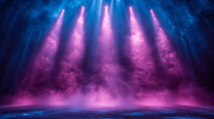 Fantasy illustration of vibrant purple aurora borealis lights over a rocky, otherworldly terrain under a starry sky.
