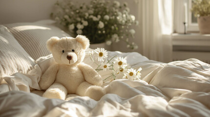 A cozy scene with a fluffy teddy bear surrounded by fresh daisies on a white bed bathed in warm sunlight.
