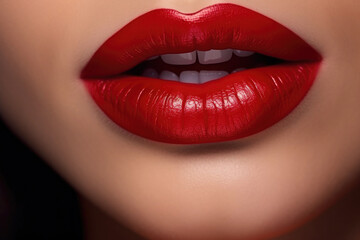 Close up view of beautiful woman lips with red lipstick. Cosmetology, drugstore or fashion makeup concept.
