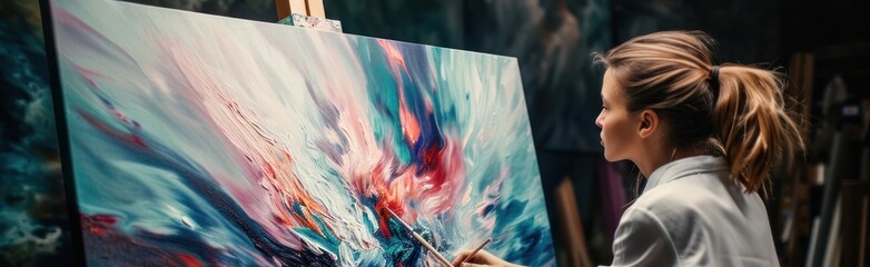 Girl Painting Picture on Canvas Talented Artist Creating Beautiful Oil Generative AI