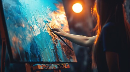 Woman Demonstrating Her Artistic Talents Through Oil Painting With a Generative AI