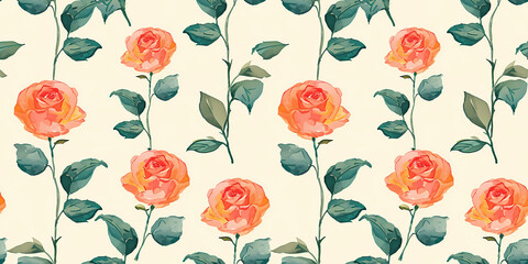 Watercolor seamless pattern with orange roses. Elegance. Wallpaper. Print for fabric, textile, paper, interior, gift paper. Blue and white.