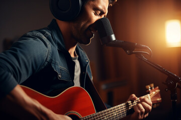Male musician playing acoustic guitar behind microphone, close-up, recording in a music studio  - obrazy, fototapety, plakaty