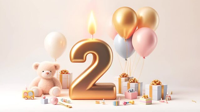 Video of Second Birthday Bash: Celebrate a Joyous second Year with Golden Number Two candle, Pastel Balloons, and Adorable toy Teddy Bear