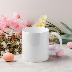 White coffee mug blank easter mockup with flowers and easter eggs.