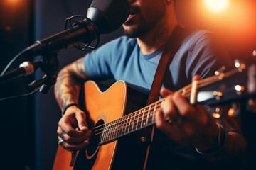 Male musician playing acoustic guitar behind microphone, close-up, recording in a music studio 