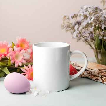 White coffee mug blank easter mockup with flowers and easter eggs.