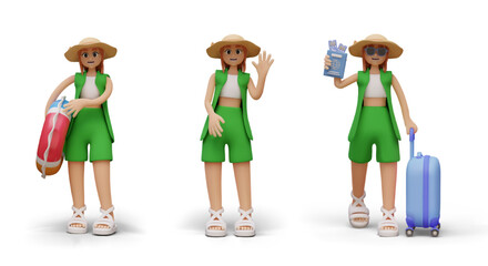 Tourist in green clothes and sun hat. Female vector character in different poses and with accessories. 3D templates for creative design of travel applications and websites