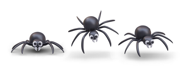 Collection with black spiders in different positions. Cute model of spider for online game. Small insect flying and standing. Vector illustration in 3d style with shadow and white background