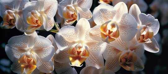 white orchids in sunlight with backlight - obrazy, fototapety, plakaty